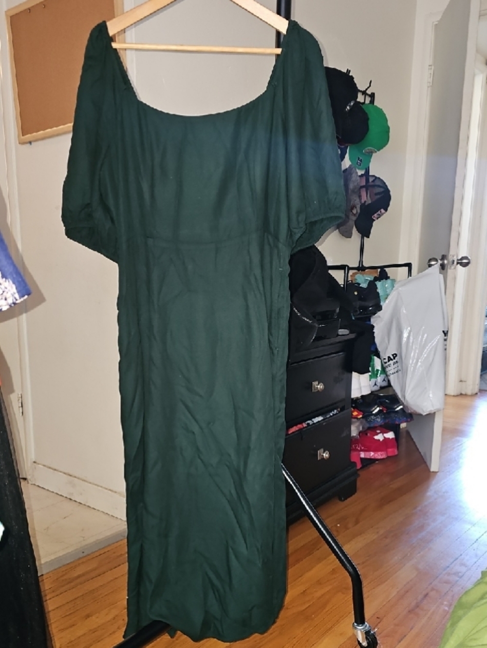 OLD NAVY-Dark Green Puff-Sleeve Midi Dress